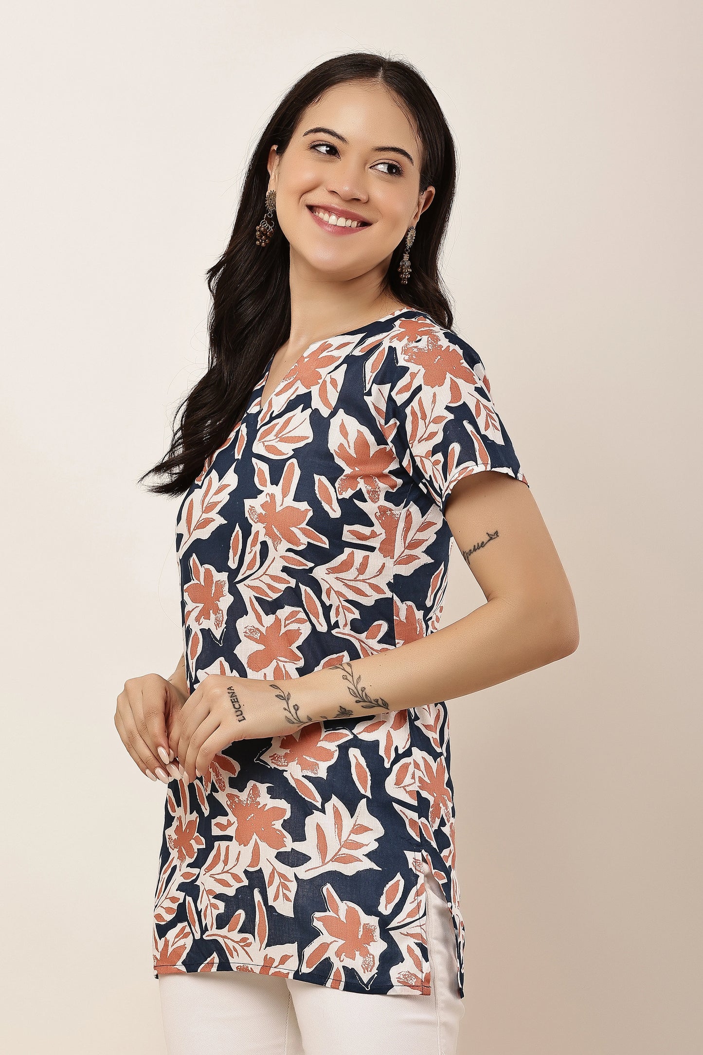 Women's Navy Blue Floral Print Tunic Top with Notch Neck