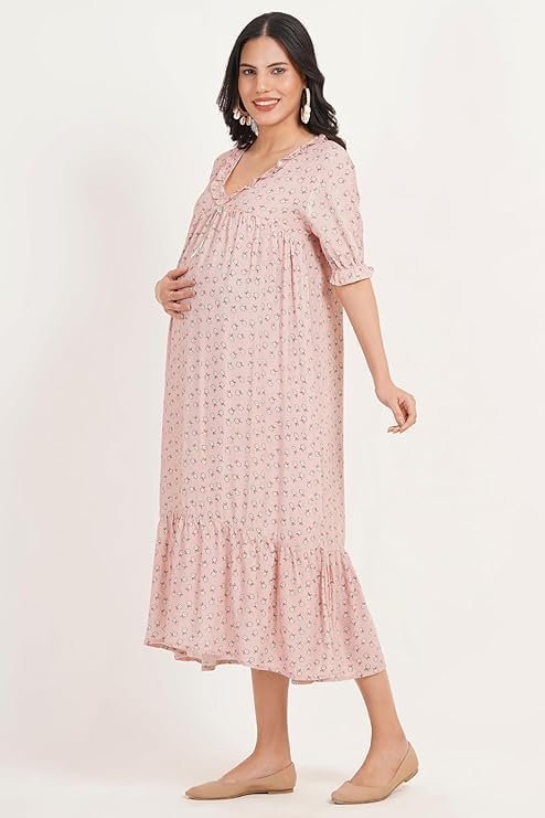 ZIFAZA Women's Maternity Dress | Rayon Floral Print Pregnancy Dress with Nursing Zippers | Comfortable Viscose Rayon Breastfeeding Wear for Moms