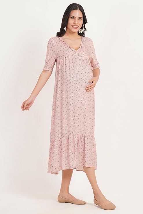ZIFAZA Women's Maternity Dress | Rayon Floral Print Pregnancy Dress with Nursing Zippers | Comfortable Viscose Rayon Breastfeeding Wear for Moms