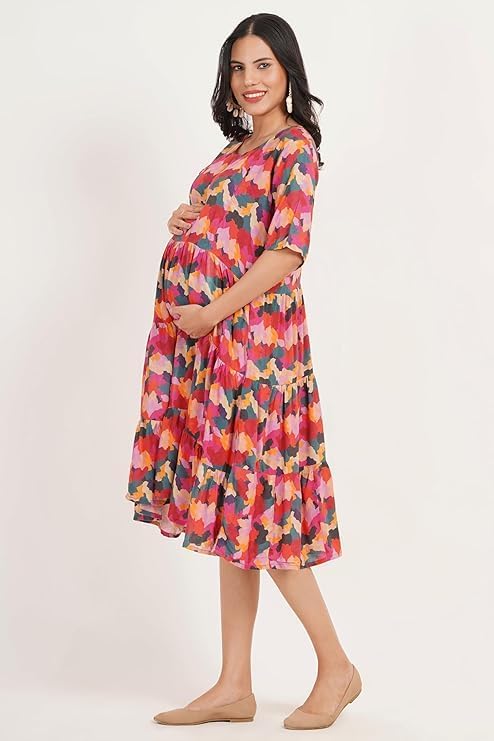 ZIFAZA Women's Maternity Dress | Rayon Floral Print Pregnancy Dress with Nursing Zippers | Comfortable Viscose Rayon Breastfeeding Wear for Moms