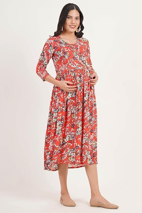 ZIFAZA Women's Maternity Dress | Rayon Floral Print Pregnancy Dress with Nursing Zippers | Comfortable Viscose Rayon Breastfeeding Wear for Moms