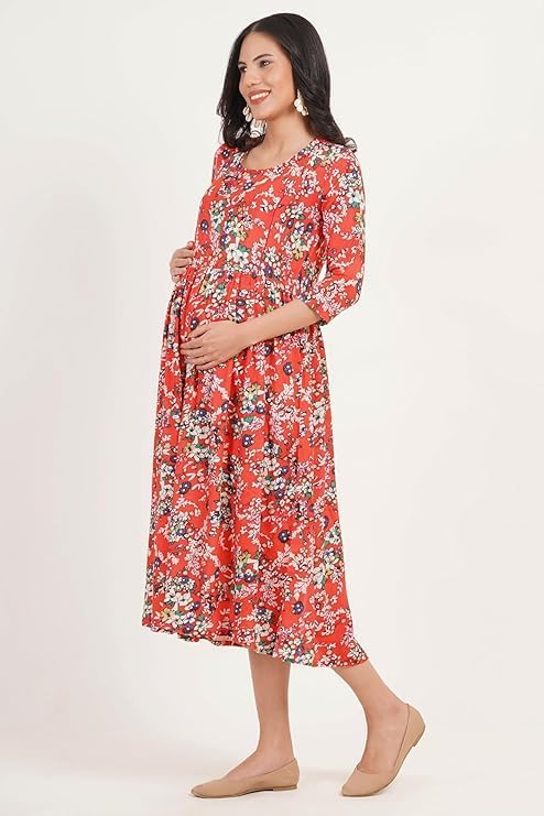 ZIFAZA Women's Maternity Dress | Rayon Floral Print Pregnancy Dress with Nursing Zippers | Comfortable Viscose Rayon Breastfeeding Wear for Moms