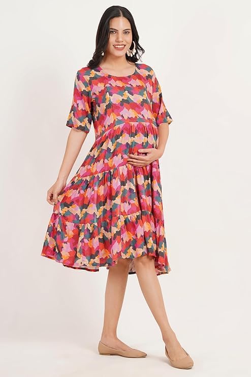 ZIFAZA Women's Maternity Dress | Rayon Floral Print Pregnancy Dress with Nursing Zippers | Comfortable Viscose Rayon Breastfeeding Wear for Moms