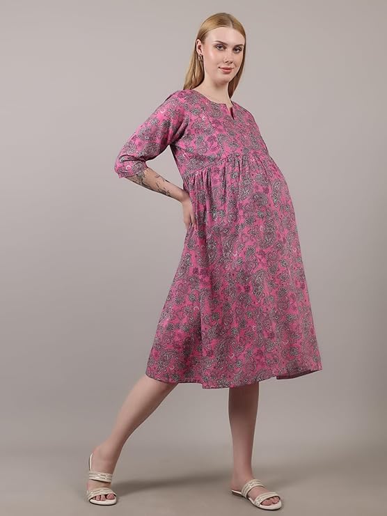 ZIFAZA Women's Maternity Wear | Soft Comfortable Ethnic Outfit for Pregnant Women | Feeding Friendly A-Line Nursing Dress for Moms-to-Be