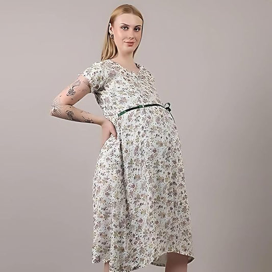 ZIFAZA Women's Maternity Wear | Soft Comfortable Ethnic Outfit for Pregnant Women | Feeding Friendly A-Line Nursing Dress for Moms-to-Be