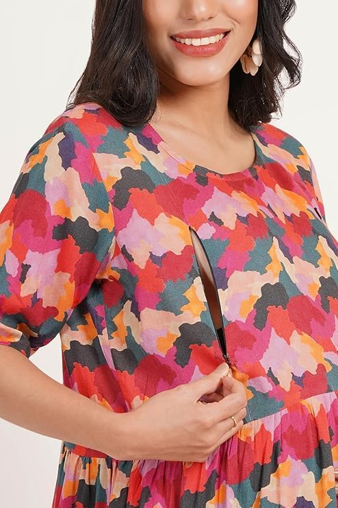 ZIFAZA Women's Maternity Dress | Rayon Floral Print Pregnancy Dress with Nursing Zippers | Comfortable Viscose Rayon Breastfeeding Wear for Moms
