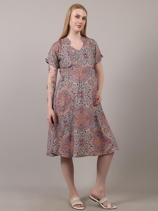 ZIFAZA Women's Maternity Wear | Soft Comfortable Ethnic Outfit for Pregnant Women | Feeding Friendly A-Line Nursing Dress for Moms-to-Be