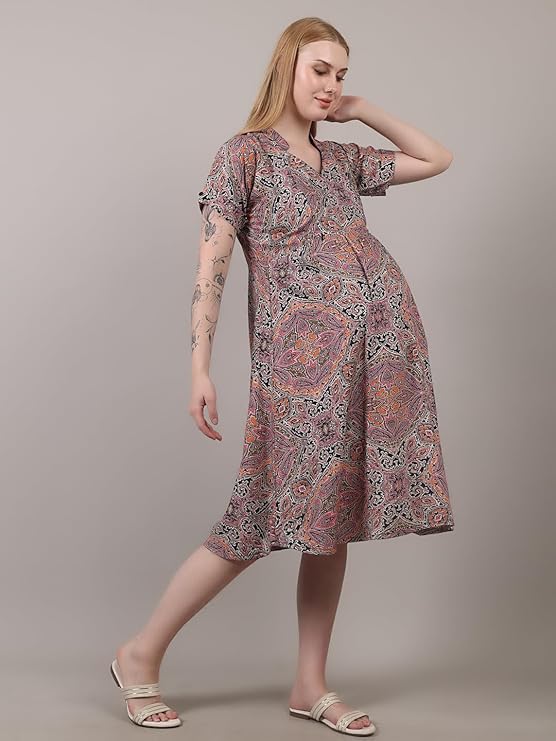 ZIFAZA Women's Maternity Wear | Soft Comfortable Ethnic Outfit for Pregnant Women | Feeding Friendly A-Line Nursing Dress for Moms-to-Be