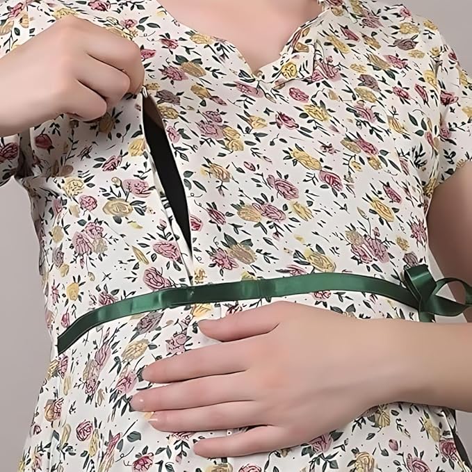 ZIFAZA Women's Maternity Wear | Soft Comfortable Ethnic Outfit for Pregnant Women | Feeding Friendly A-Line Nursing Dress for Moms-to-Be
