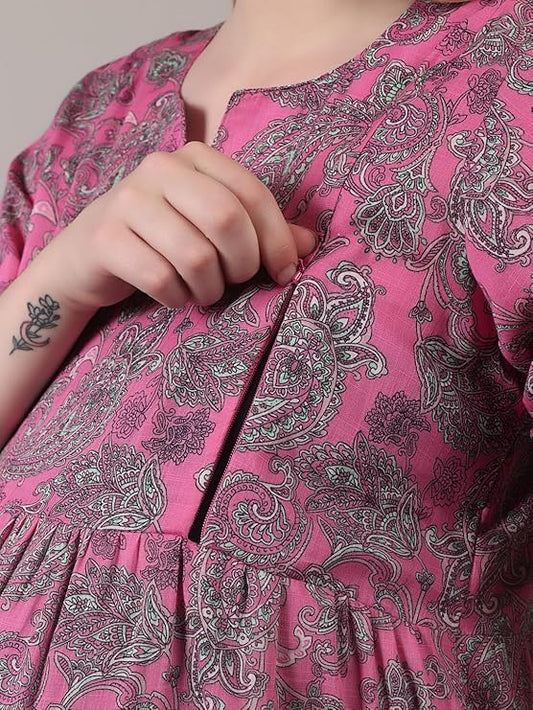 ZIFAZA Women's Maternity Wear | Soft Comfortable Ethnic Outfit for Pregnant Women | Feeding Friendly A-Line Nursing Dress for Moms-to-Be