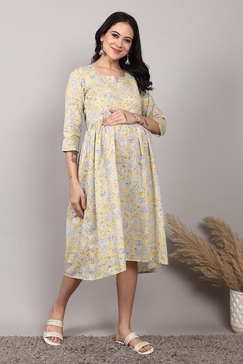 ZIFAZA Women's Maternity Wear | Soft Comfortable Ethnic Outfit for Pregnant Women | Feeding Friendly A-Line Nursing Dress for Moms-to-Be