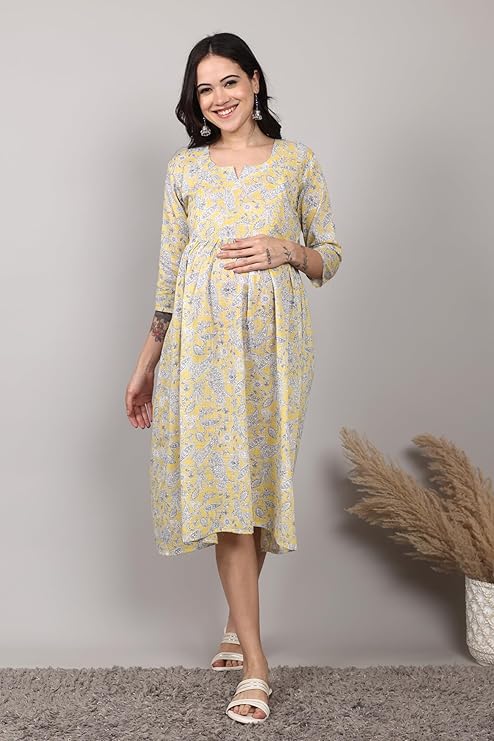 ZIFAZA Women's Maternity Wear | Soft Comfortable Ethnic Outfit for Pregnant Women | Feeding Friendly A-Line Nursing Dress for Moms-to-Be