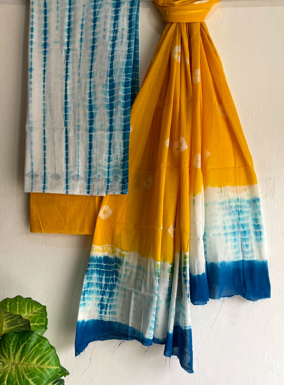 Vibrant Green and Blue Cotton Dupatta Suit Set