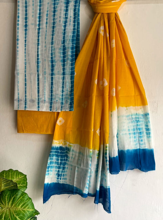 Vibrant Green and Blue Cotton Dupatta Suit Set