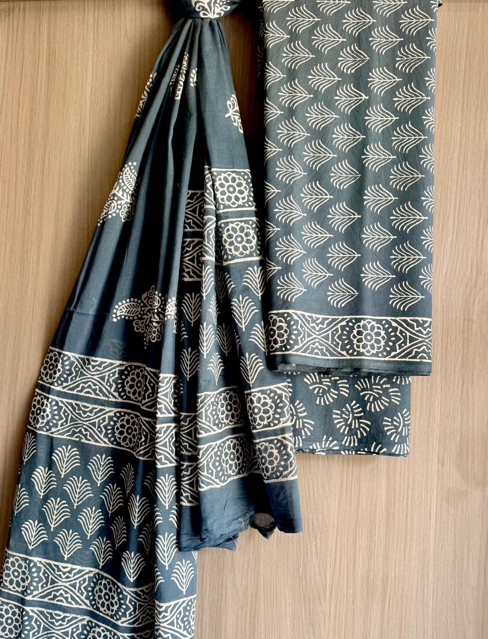Indigo Cotton Dupatta Suit Set with White Prints