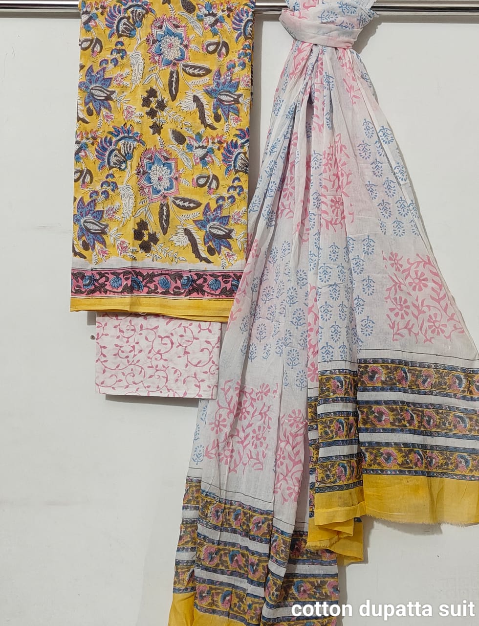 Blue & Beige Cotton Suit Set with Floral Print – Unstitched 3-Piece Set