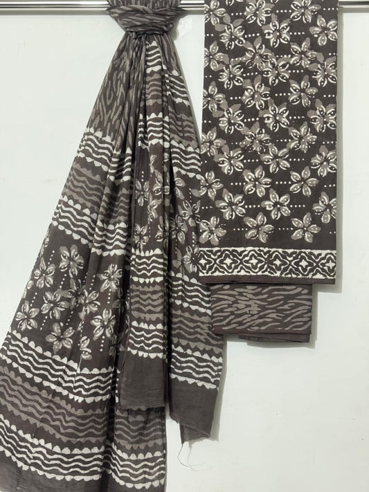 Indigo Cotton Dupatta Suit Set with White Prints