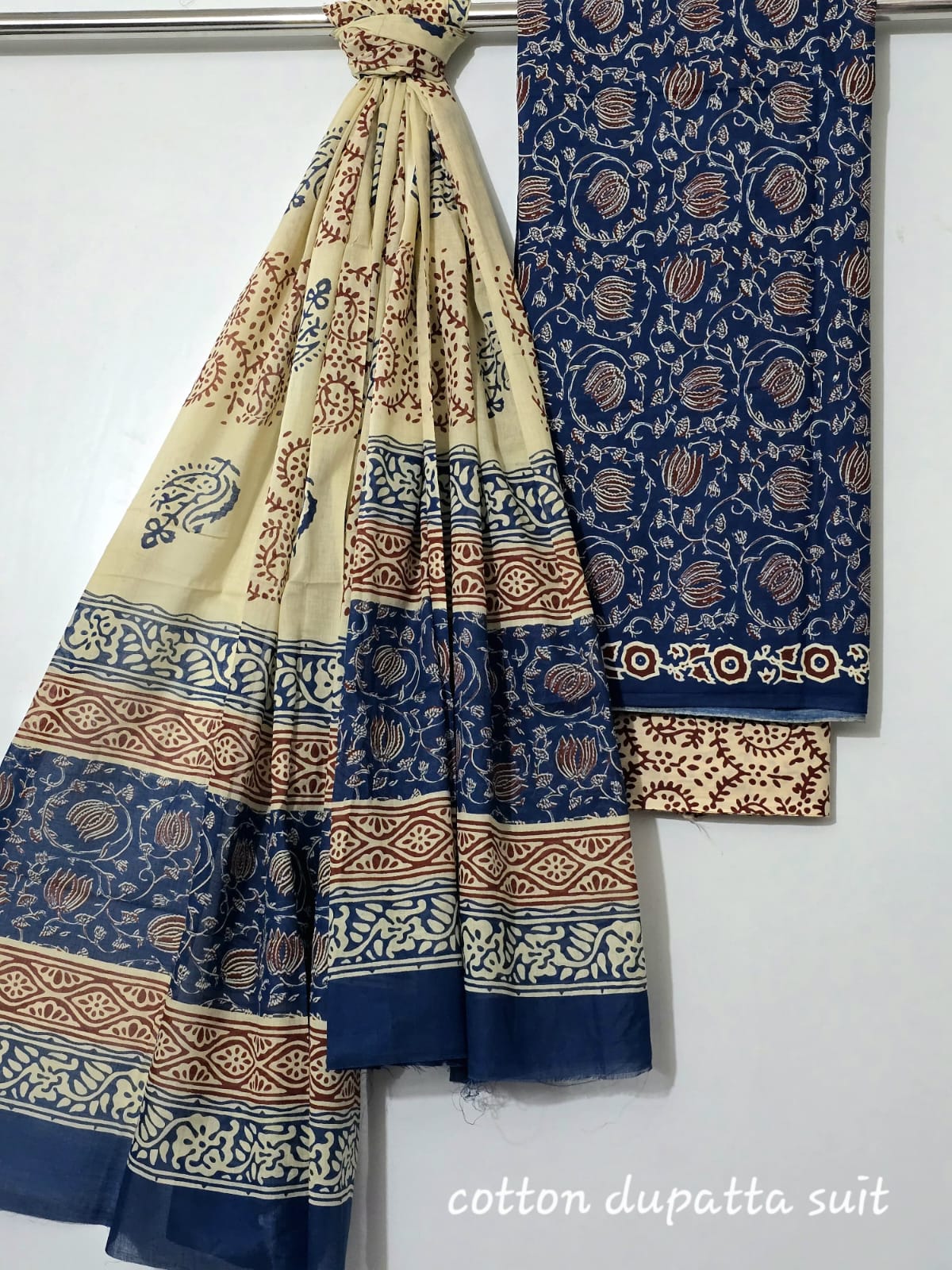 Maroon & Beige Cotton Suit Set with Traditional Prints – Unstitched 3-Piece Set