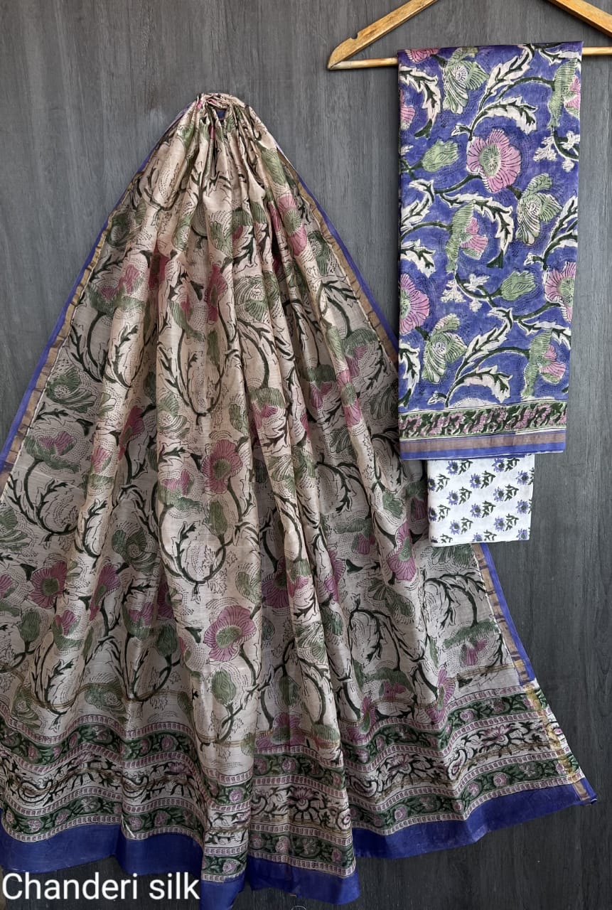Chanderi Silk Unstitched Suit Set – 2.5m Silk Top & Dupatta with Cotton Bottom