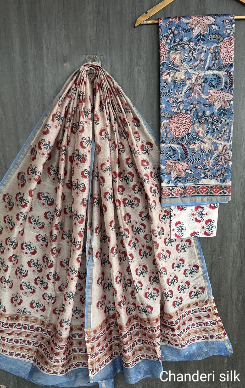 Chanderi Silk Unstitched Suit Set – 2.5m Silk Top & Dupatta with Cotton Bottom