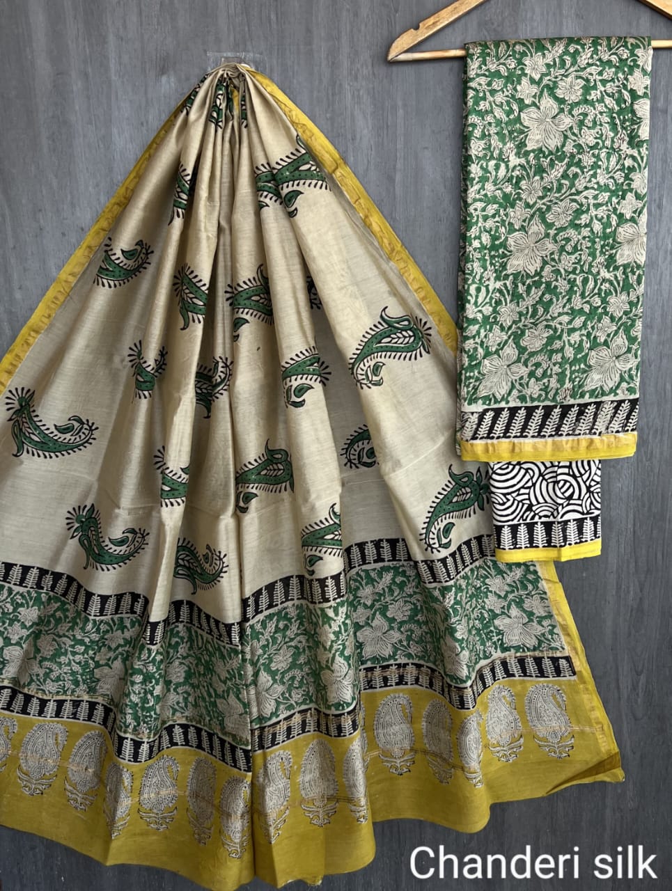 Chanderi Silk Paisley Unstitched Suit Set – 3 Piece (Top, Dupatta & Cotton Bottom)