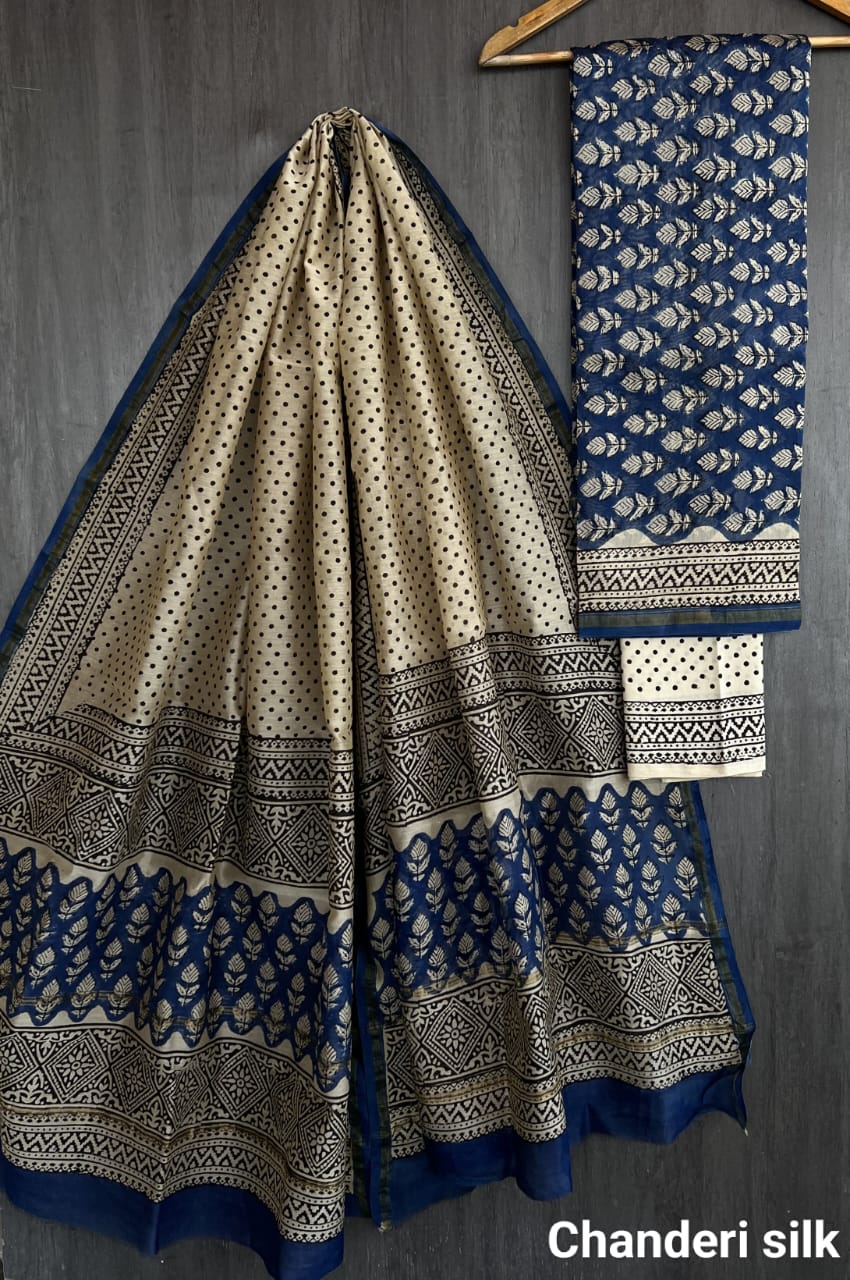 Black & White Polka Dot Chanderi Silk Suit Set with Blue Cotton Bottom