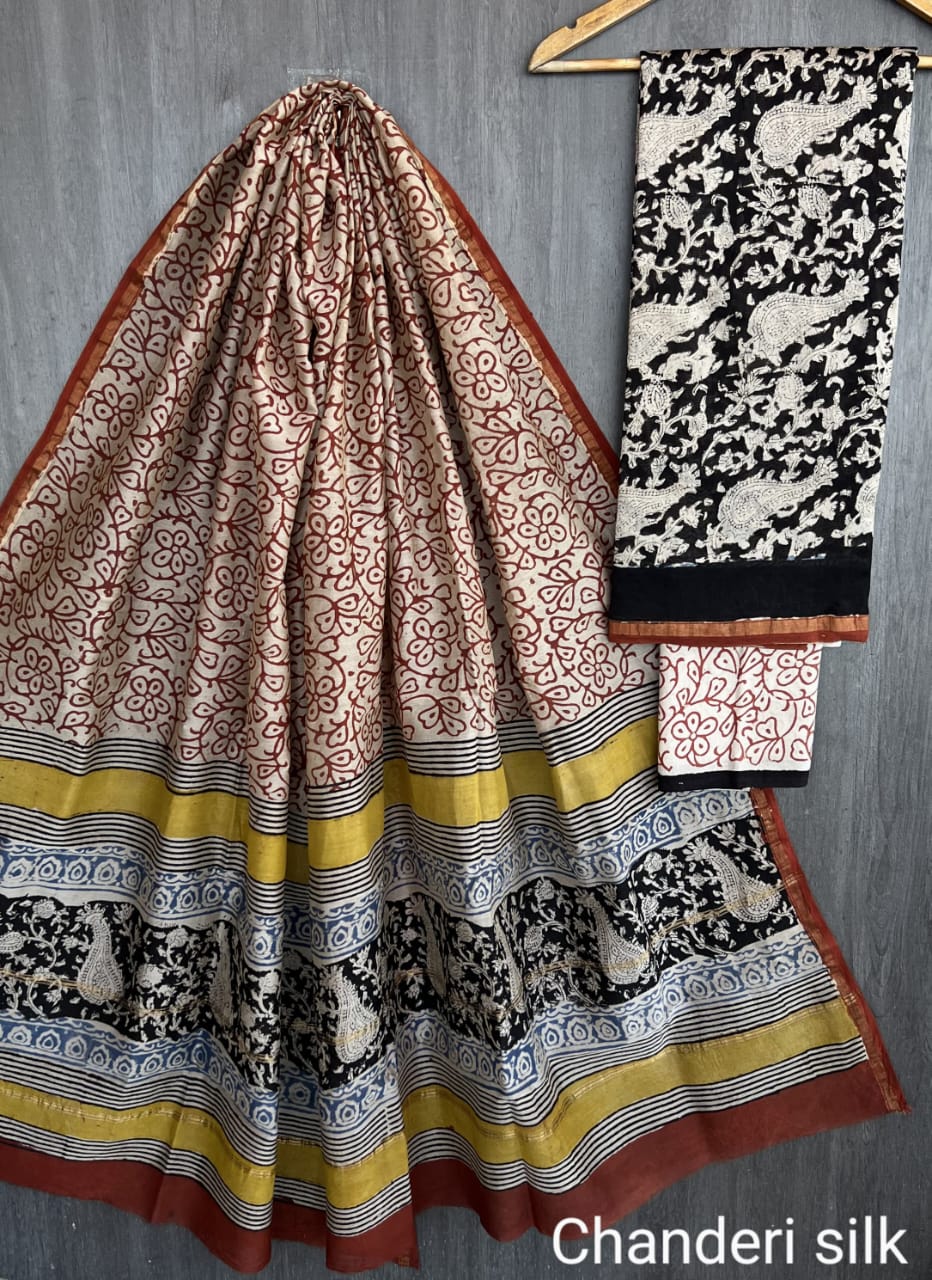 Chanderi Silk Black & Beige Unstitched Suit Set – 3 Piece (Top, Dupatta & Cotton Bottom)