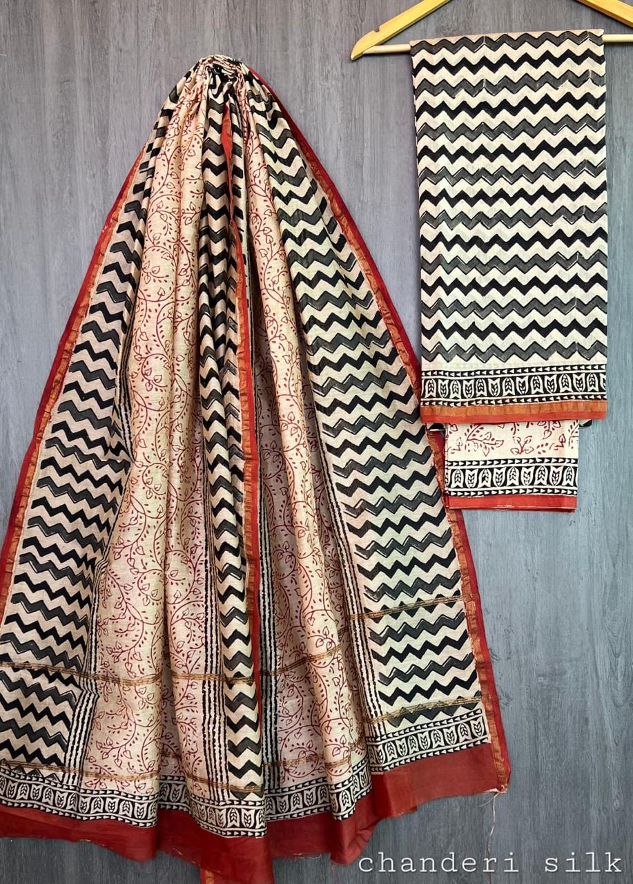 Chanderi Silk Yellow & Ivory Unstitched Suit Set – 3 Piece (Top, Dupatta & Cotton Bottom)