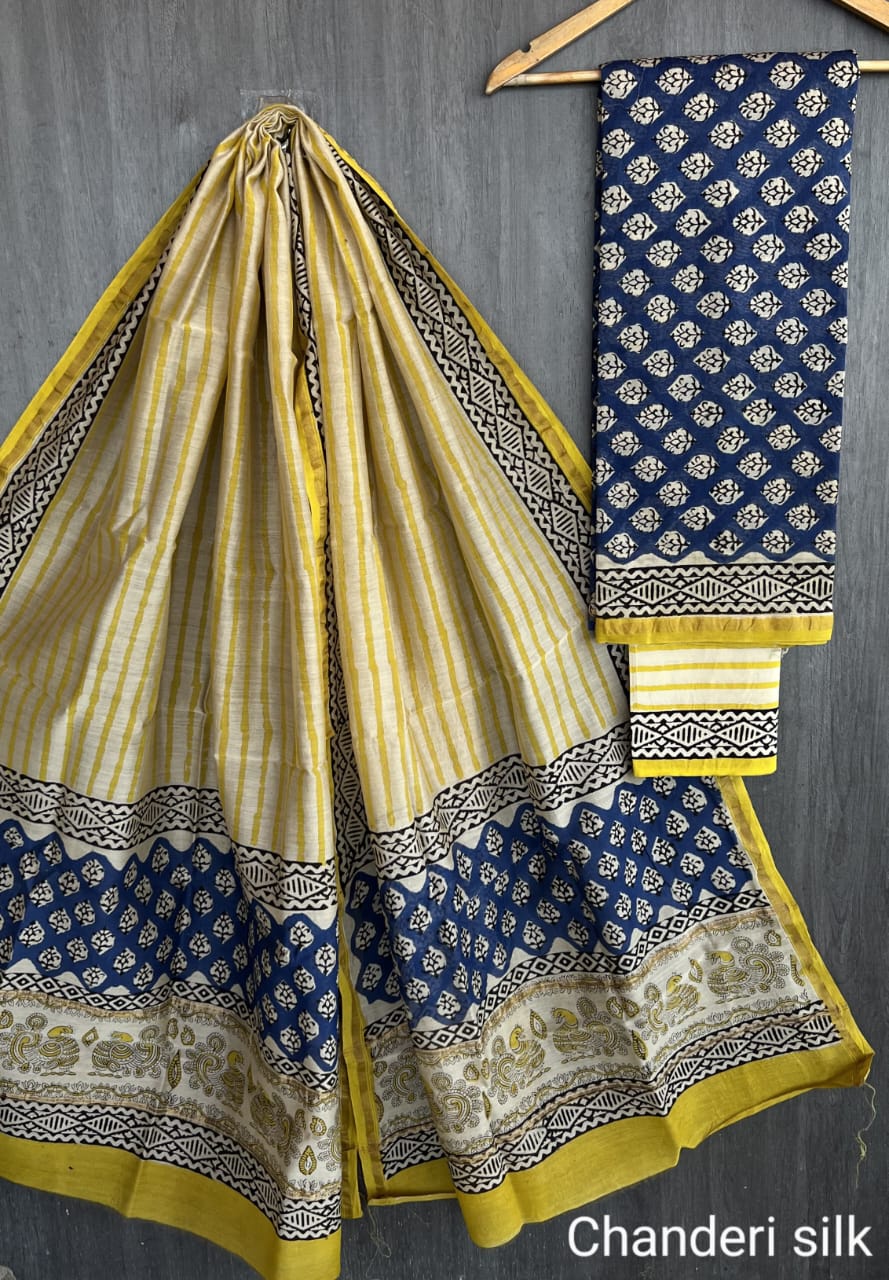 Yellow & Black Chanderi Silk Suit Set with Cotton Bottom