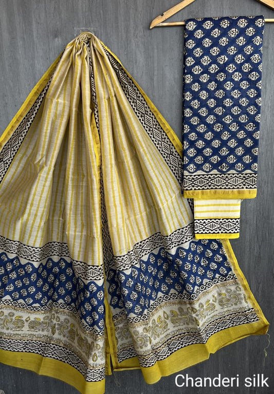 Yellow & Black Chanderi Silk Suit Set with Cotton Bottom