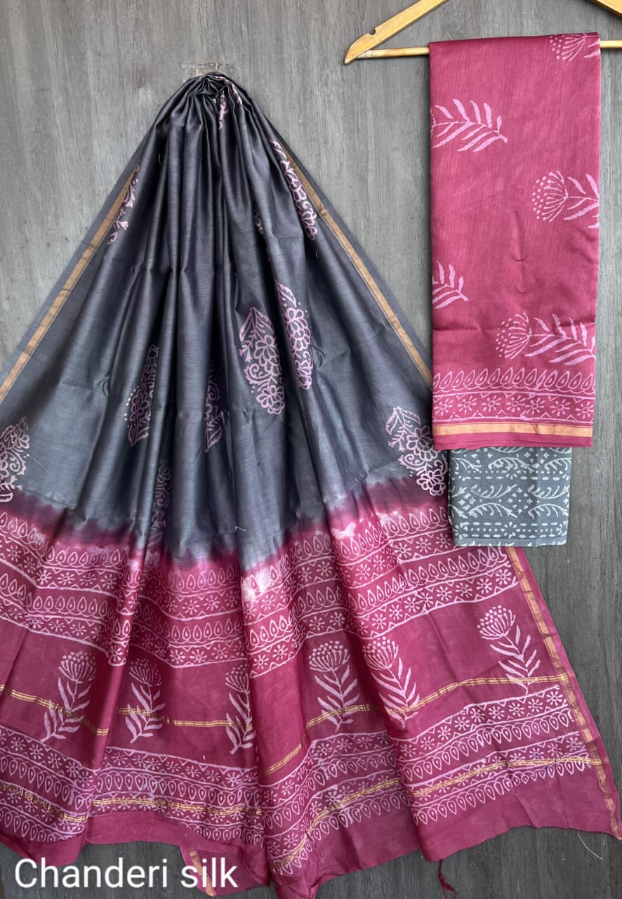 Chanderi Silk Indigo & Teal Unstitched Suit Set – 3 Piece (Top, Dupatta & Cotton Bottom)