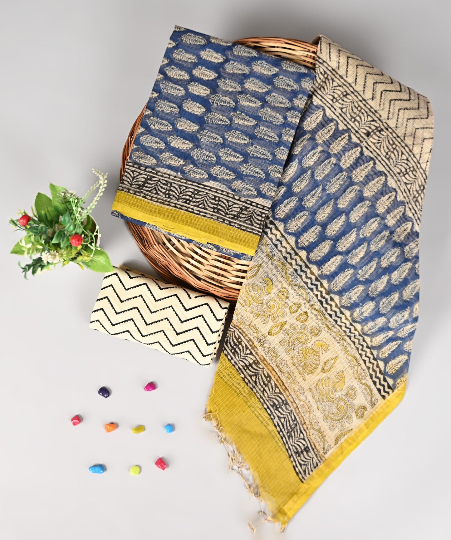 Kota Doriya Suit Set – Blue & Yellow | 2.5 Meter Fabric Length