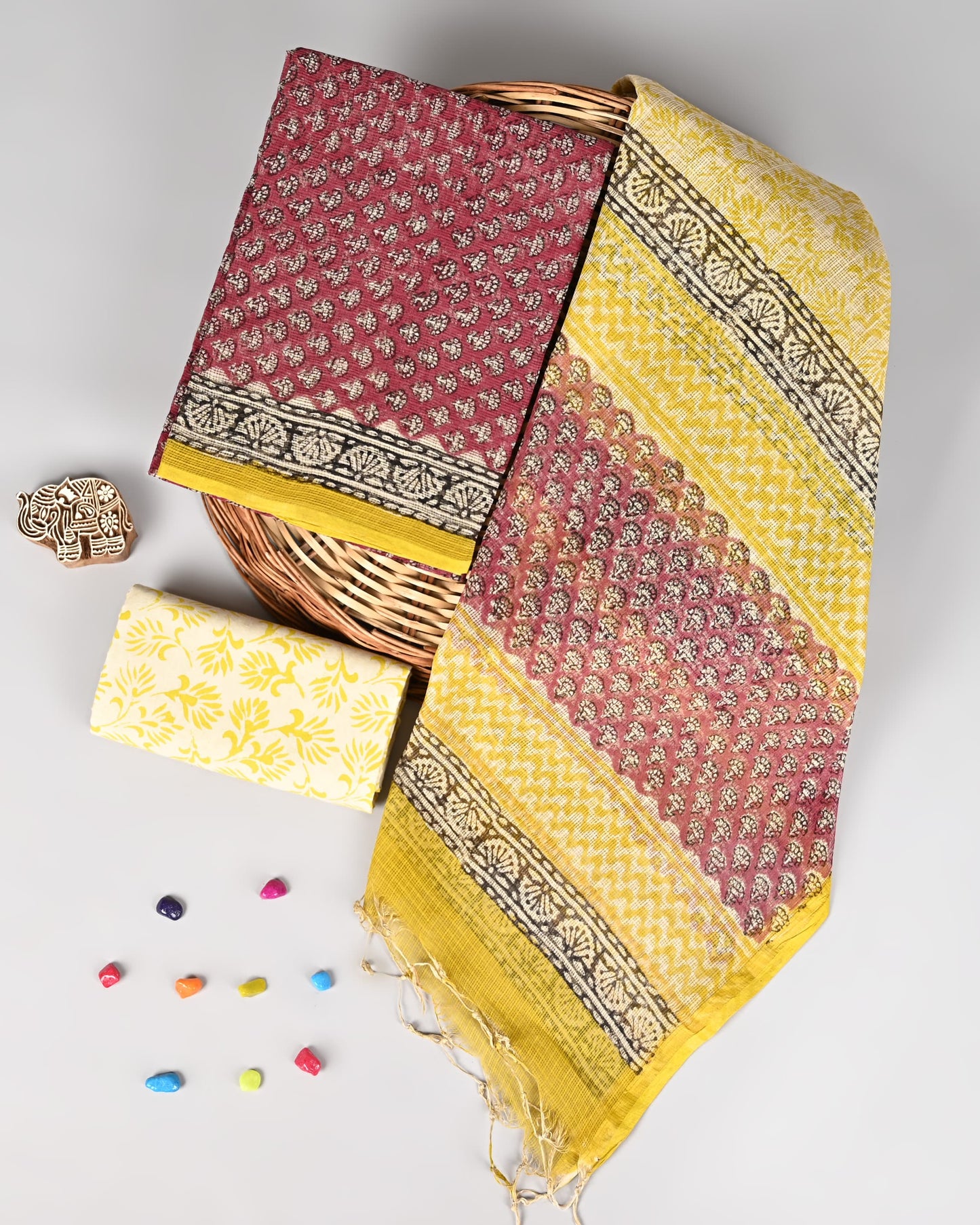 Unstitched Kota Doriya Suit Set – Maroon & Yellow with Block Printed Patterns