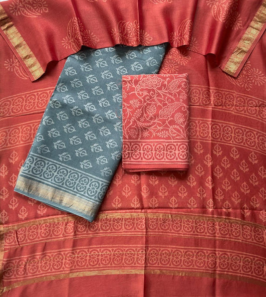 Rani Pink & Maroon Maheshwari Silk Suit Set – Unstitched 3-Piece with Floral Cotton Bottom