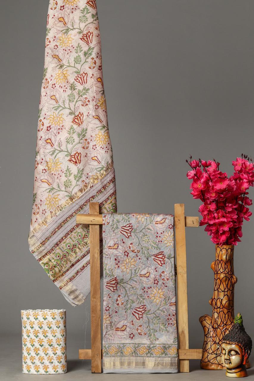 Maheshwari Silk Suit Set – Pastel Beige with Multicolor Floral Motifs