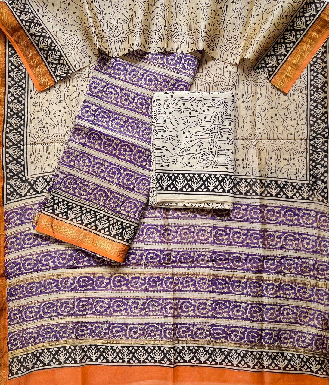 Maheshwari Silk Suit Set – Peach & Cream Handblock Design with Cotton Bottom