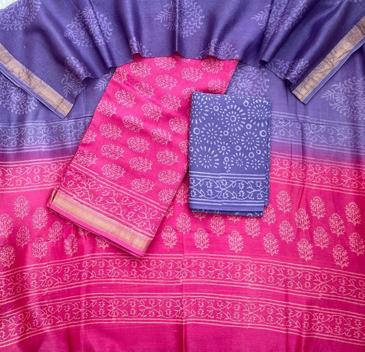 Green & Blue Maheshwari Silk Suit Set – Unstitched 3-Piece with Bandhani Cotton Bottom