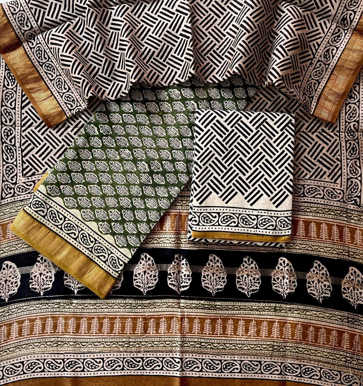 Maheshwari Silk Suit Set – Yellow & Blue Handblock Design with Cotton Bottom