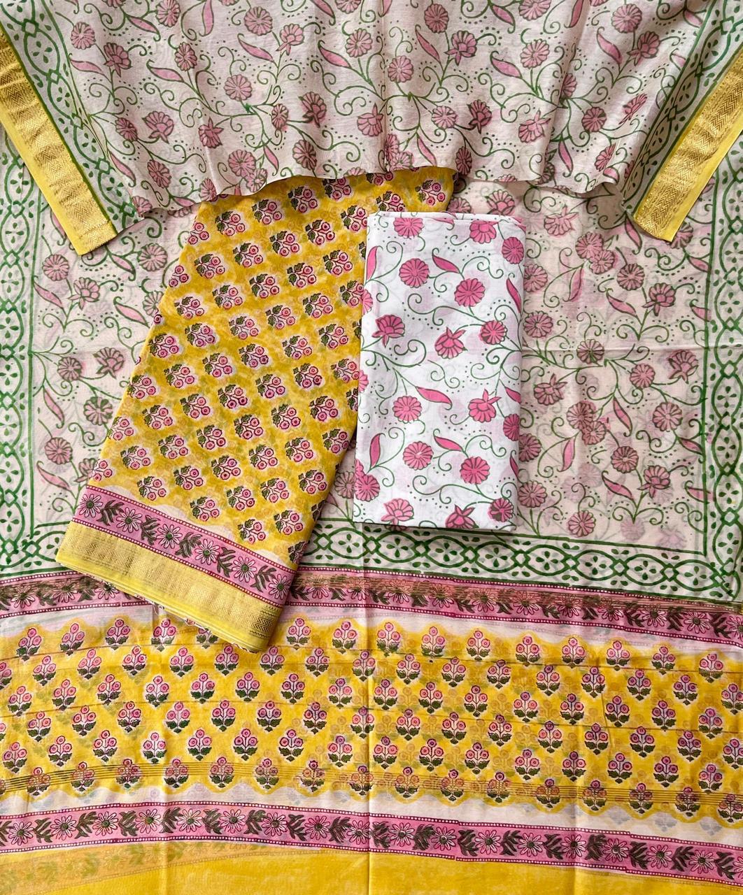 Maheshwari Silk Suit Set – Sunshine Yellow with Pink Floral Accents