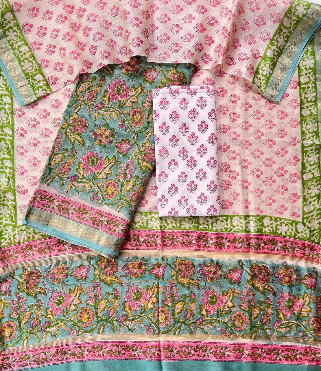 Maheshwari Silk Unstitched Suit Set – Pastel Green & Pink Floral Design
