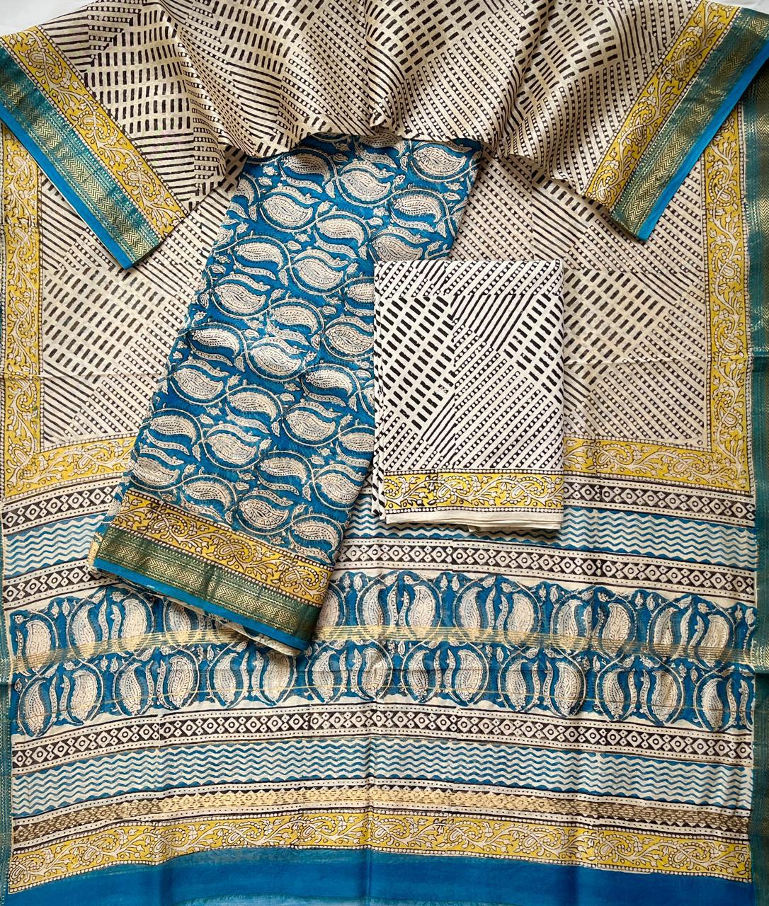 Maheshwari Silk Suit Set – Green & Blue Floral Weave with Cotton Bottom