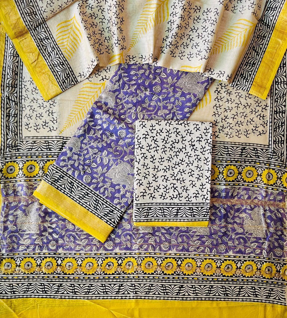 Maheshwari Silk Suit Set – Violet Floral with Yellow Accents