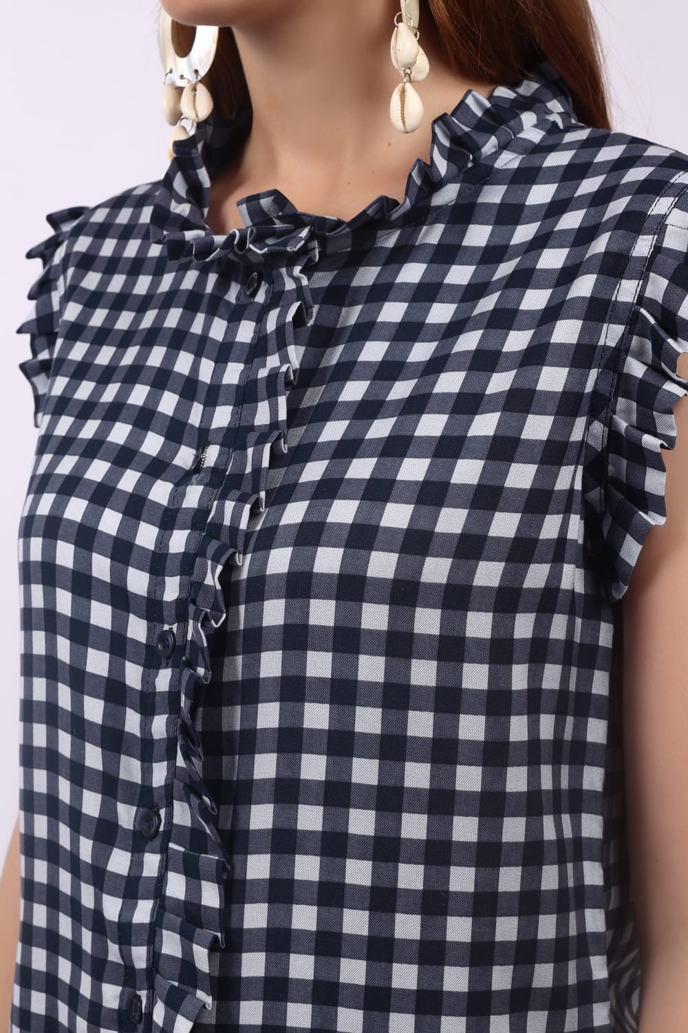 Navy Blue & White Gingham Sleeveless Top with Ruffle Detail