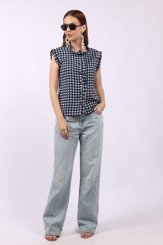 Navy Blue & White Gingham Sleeveless Top with Ruffle Detail