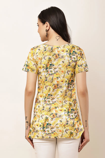 Women's Yellow Floral Printed Sweetheart Neck Short Sleeve Top