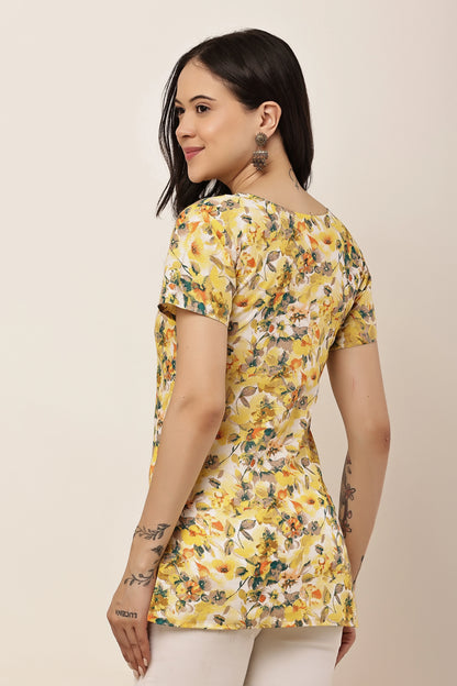 Women's Yellow Floral Printed Sweetheart Neck Short Sleeve Top