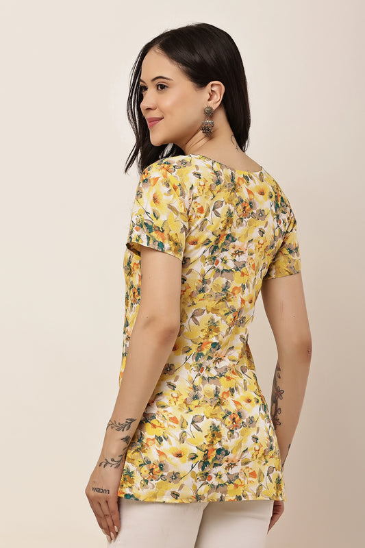 Women's Yellow Floral Printed Sweetheart Neck Short Sleeve Top