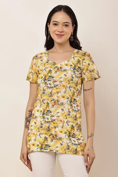 Women's Yellow Floral Printed Sweetheart Neck Short Sleeve Top