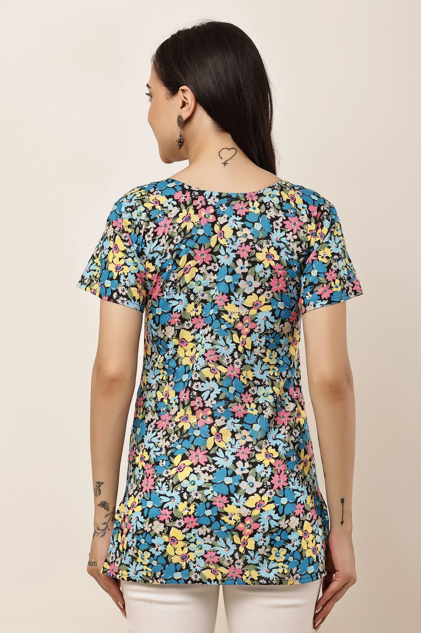 Women's Multicolor Floral Print Short Sleeve Tunic Top
