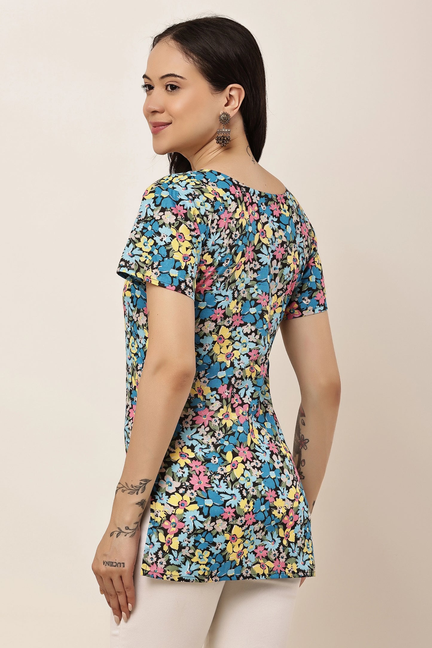 Women's Multicolor Floral Print Short Sleeve Tunic Top